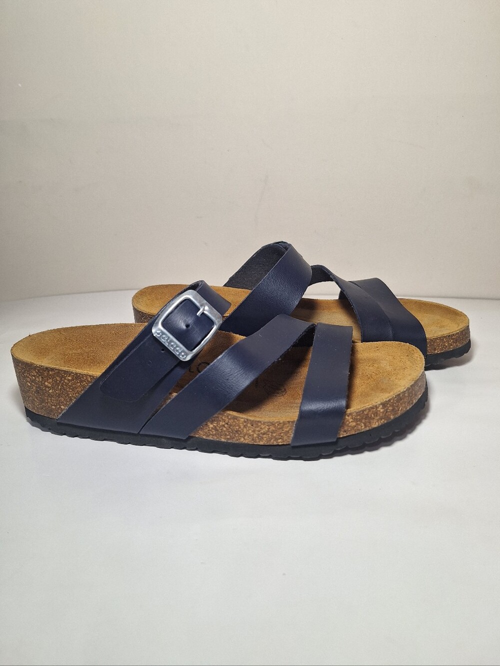 Palado Navy Blue Real Leather Cork Footbed Slide Sandals Size 38 7.5-8 Boho